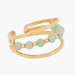 Fashion Balaboosté Bague 3 rangs en acier inoxydable avec pierre de Jade - doré et vert