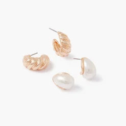 Hot Balaboosté Set de 2 paires de petites créoles perle et twistées